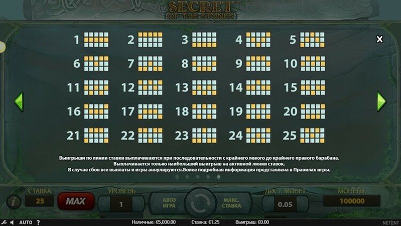Линии слота Secret of the Stones